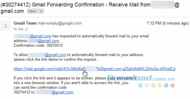 Gmail Forwarding Confirmation