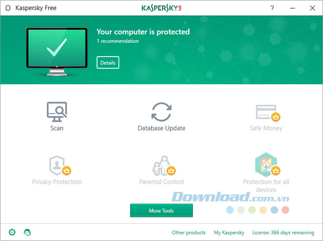 Giao diện chính Kaspersky Free