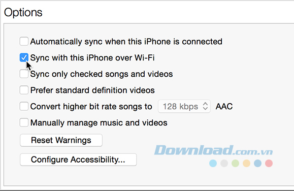 Chọn Sync with this [device] over Wi-Fi.