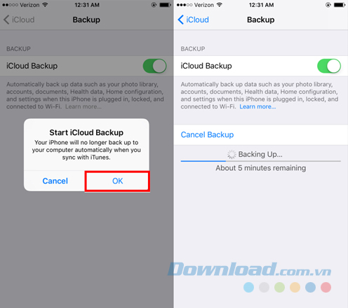 Sao lưu thông qua iCloud