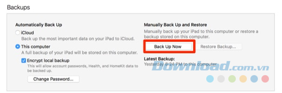 Sao lưu thông qua iTunes
