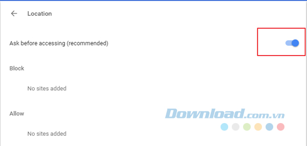 Tắt Ask before accessing (recommended)