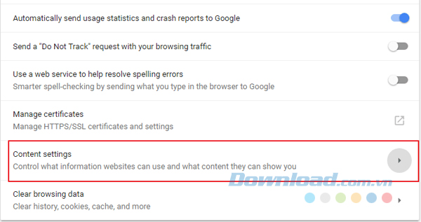 Chọn Content settings
