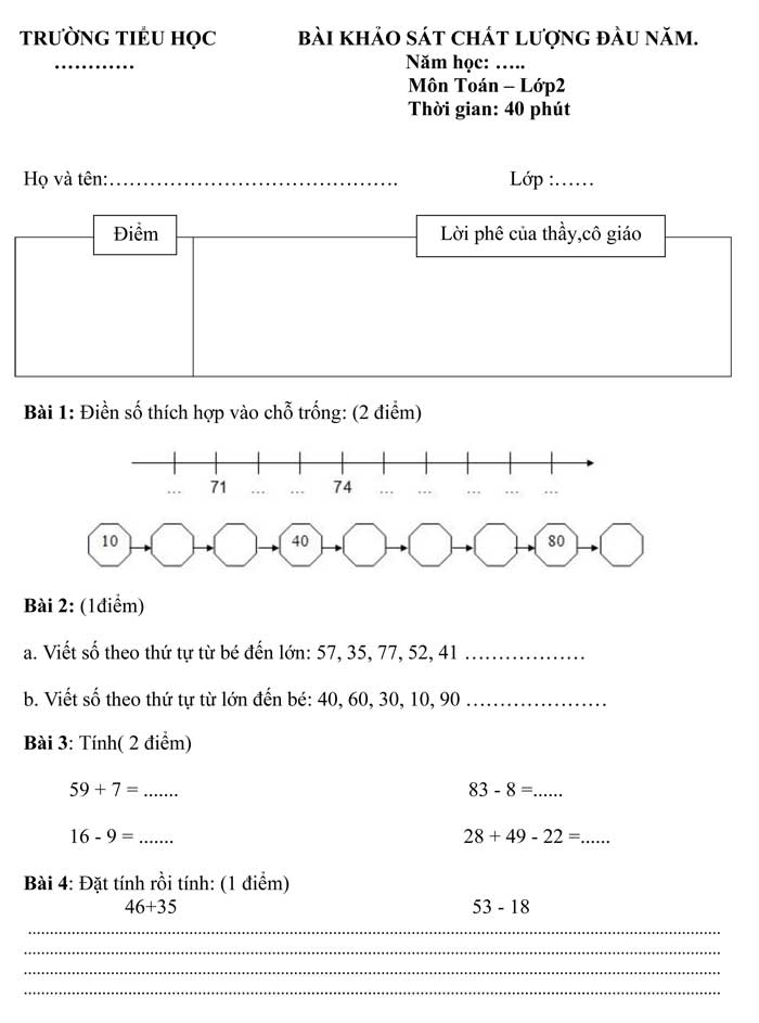 Đề thi khảo sát chất lượng đầu năm môn Toán lớp 2