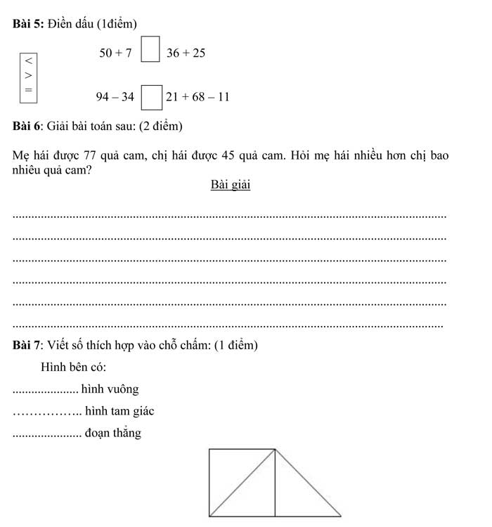 Đề thi khảo sát chất lượng đầu năm môn Toán lớp 2