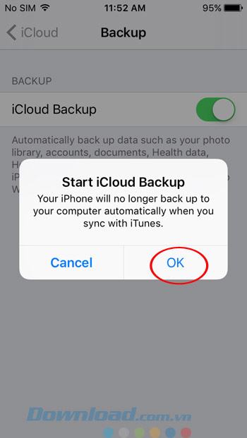 Xác nhận kích hoạt iCloud Backup