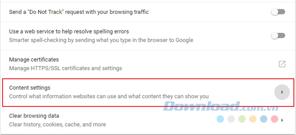 Chọn Content Settings