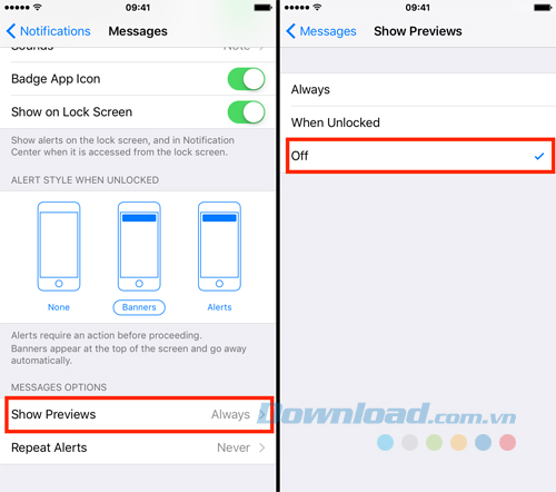 Tắt xem trước thông báo