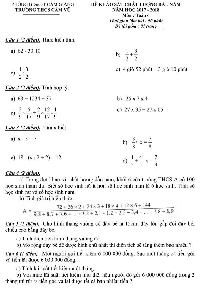 Đề thi khảo sát chất lượng đầu năm môn Toán lớp 6