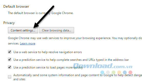 Nhấp chuột vào Content Settings
