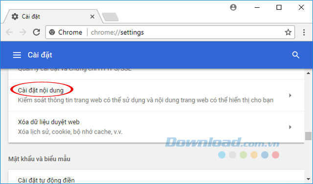 Cài đặt nội dung