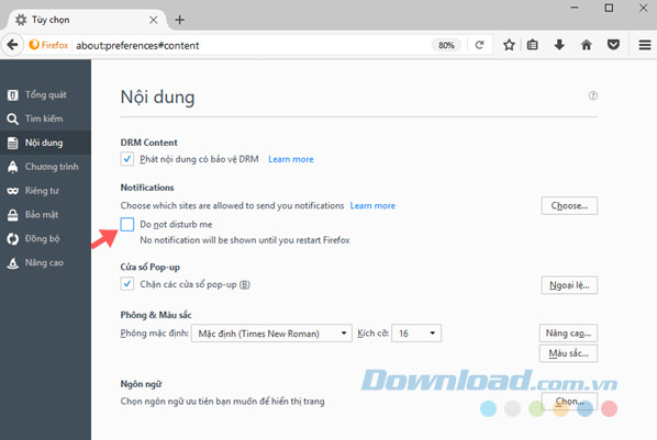 Tích chọn Do not disturb