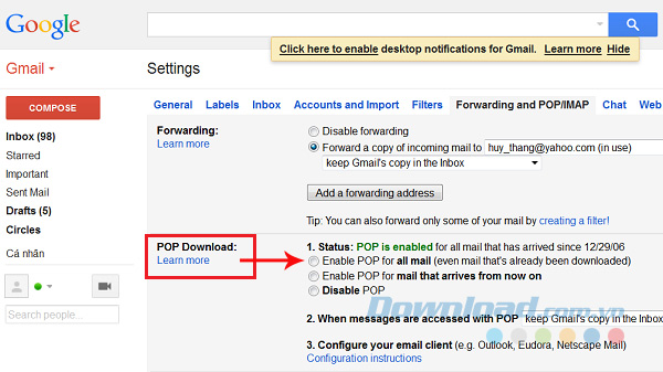 Chuyển đổi từ IMAP sang POP3