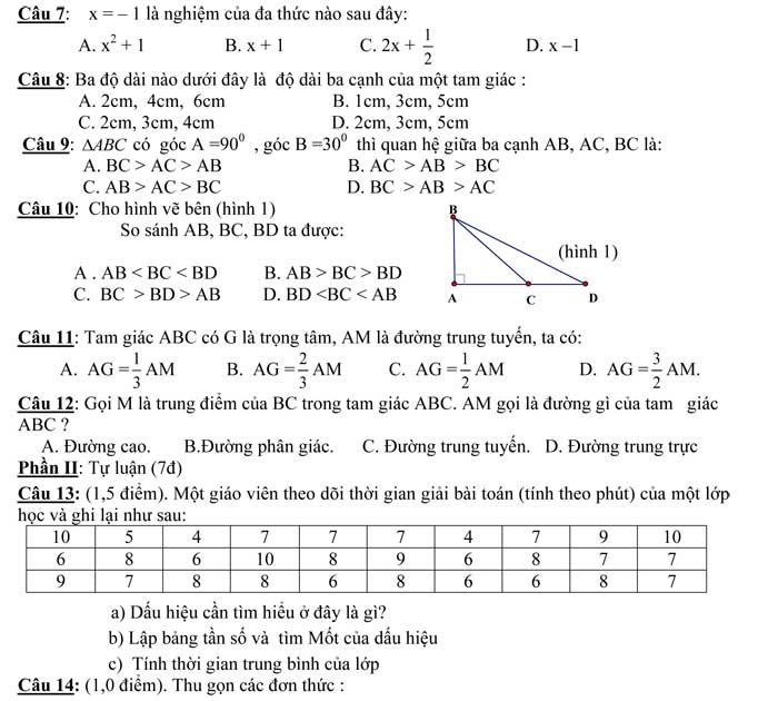 Đề kiểm tra môn Toán lớp 7