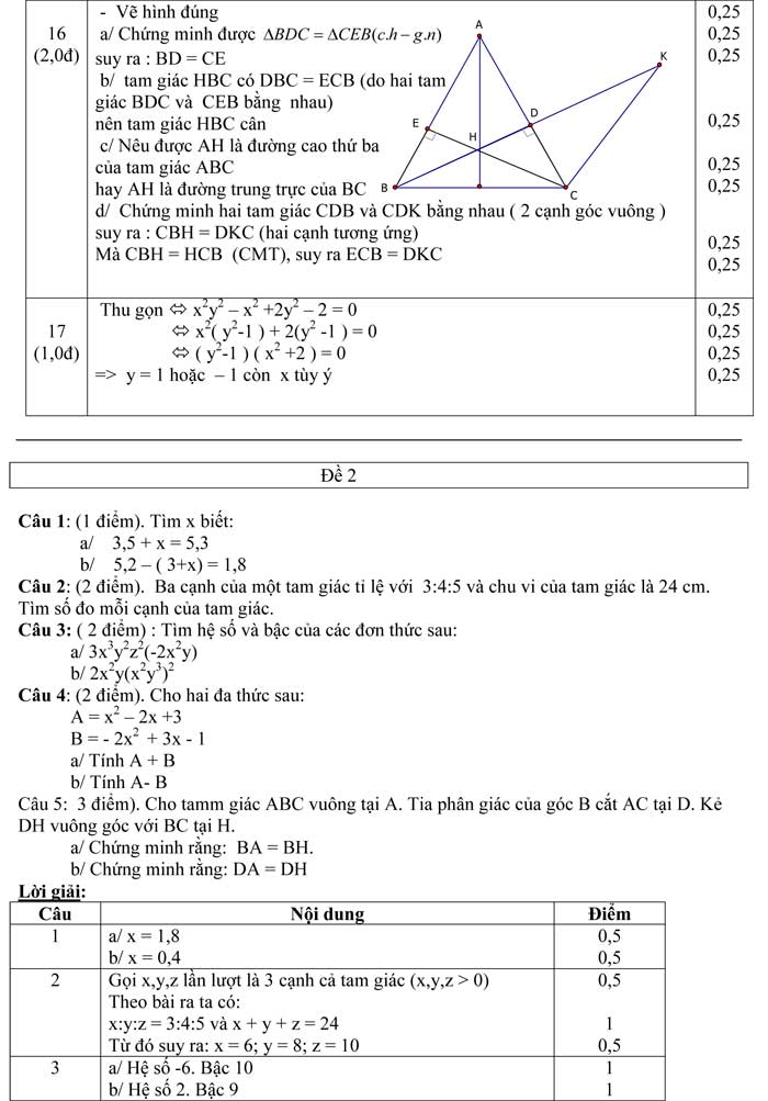 Đề kiểm tra môn Toán lớp 7