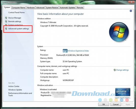 Đi tới Advanced system settings