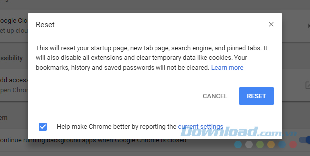 Reset trình duyệt