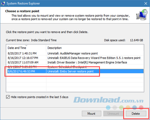 Xóa một điểm khôi phục