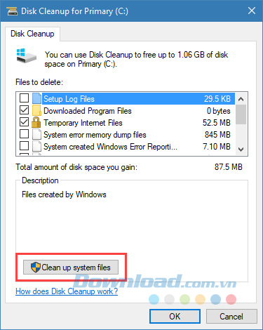 Nhấp chuột vào Clean up system files