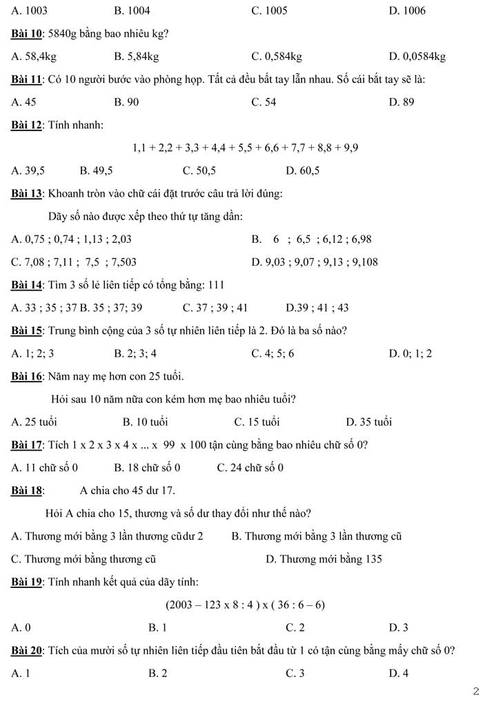 100 bài Toán trắc nghiệm lớp 5