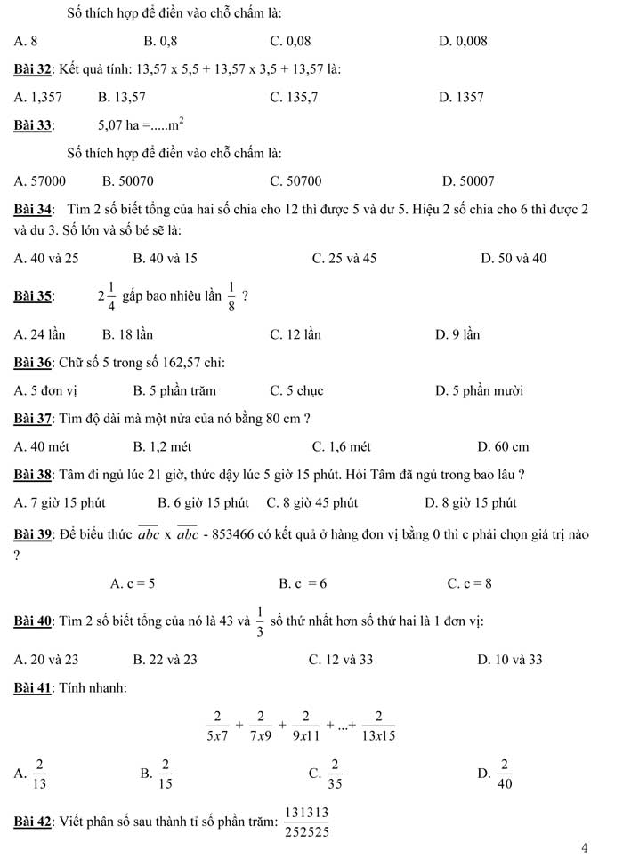 100 bài Toán trắc nghiệm lớp 5