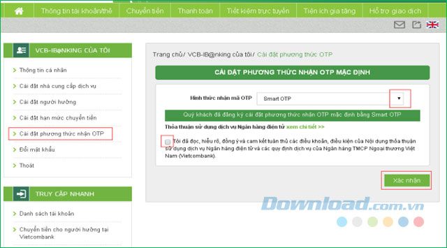 Cài đặt phương thức nhận OTP