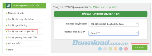 Đăng ký hạn mức chuyển khoản