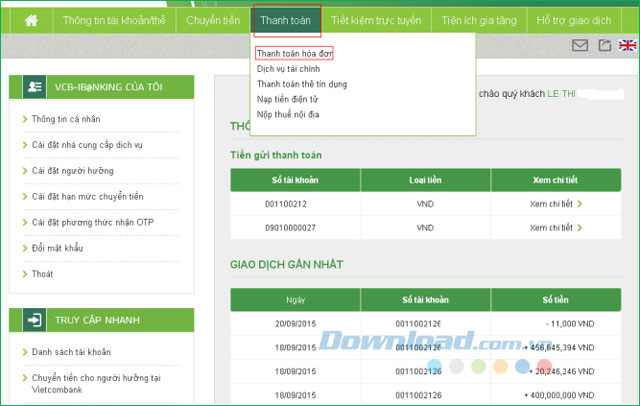 Thanh toán hóa đơn dịch vụ