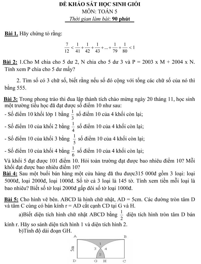 Tuyển tập đề khảo sát học sinh giỏi môn Toán lớp 5