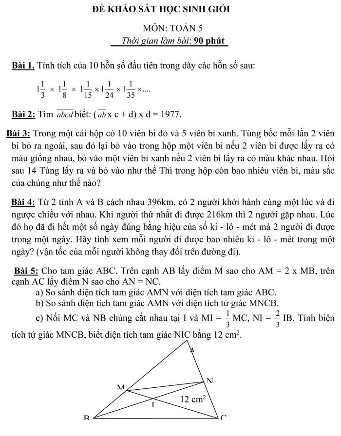 Tuyển tập đề khảo sát học sinh giỏi môn Toán lớp 5