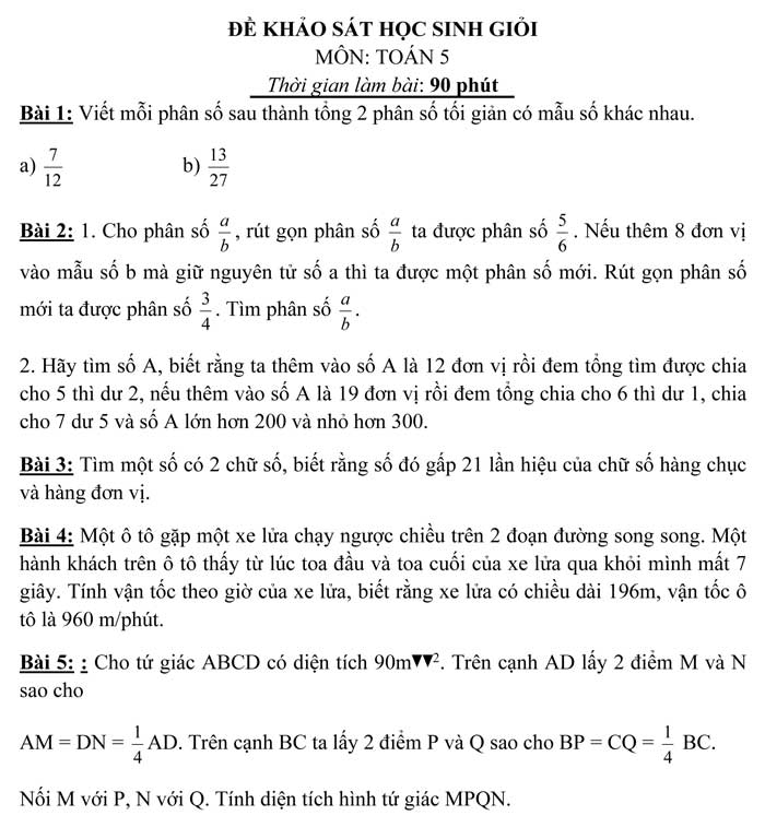Tuyển tập đề khảo sát học sinh giỏi môn Toán lớp 5