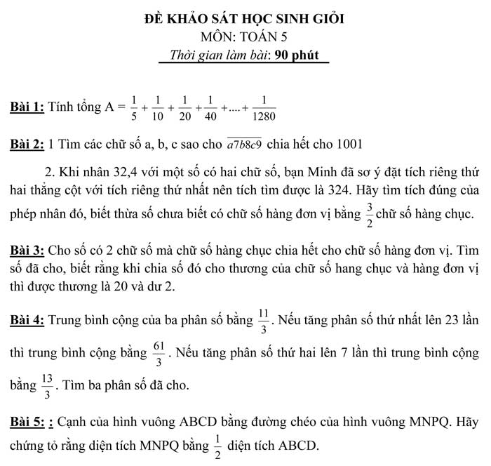 Tuyển tập đề khảo sát học sinh giỏi môn Toán lớp 5