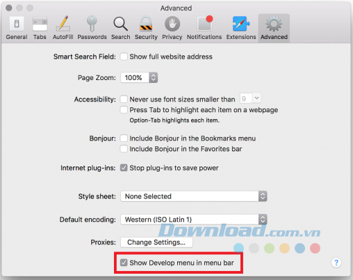 Tích vào hộp Show Develop Menu in menu bar