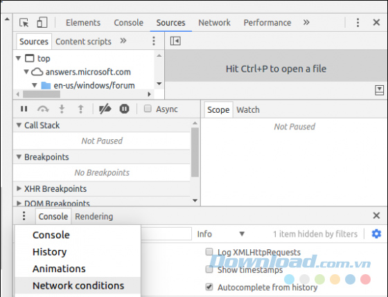 Chọn Network conditions