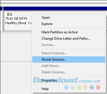 Chọn Shrink Volume