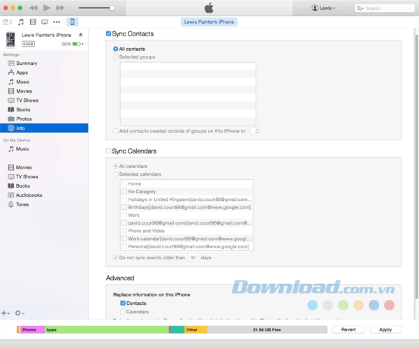 Chuyển danh bạ sử dụng iTunes