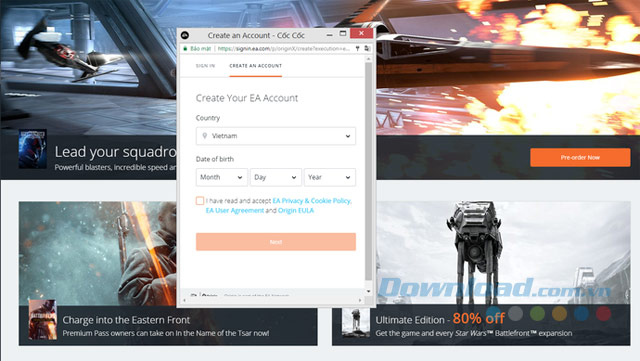 Đăng ký tài khoản Origin