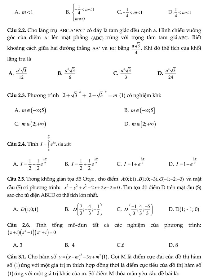 250 câu hỏi trắc nghiệm vận dụng cao môn Toán