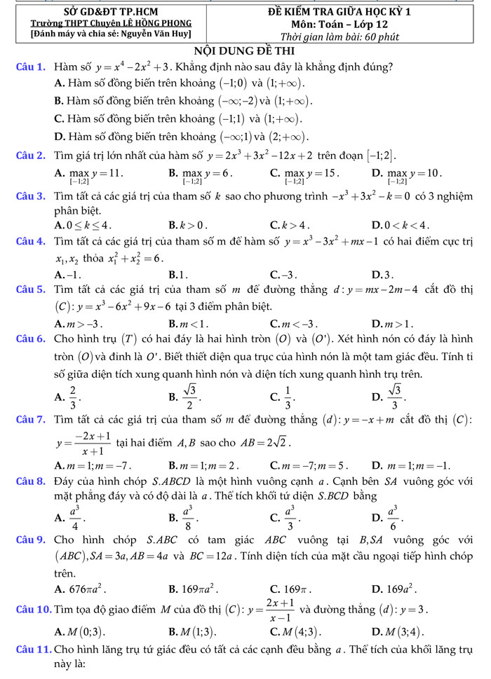 Đề kiểm tra giữa học kỳ 1 môn Toán 12
