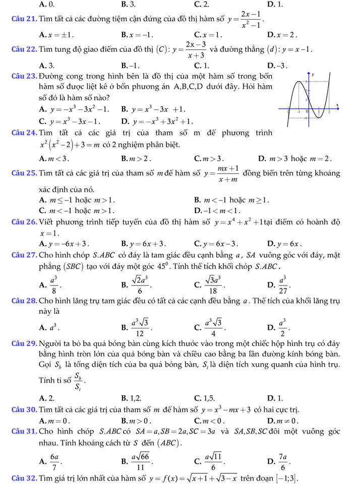 Đề kiểm tra giữa học kỳ 1 môn Toán 12
