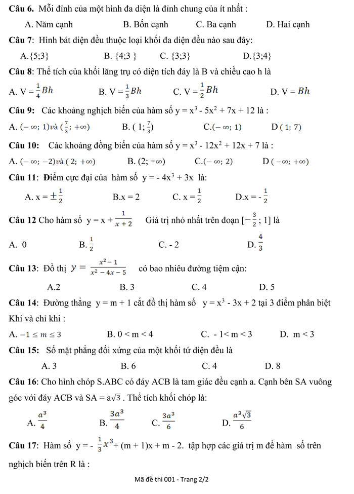 Đề kiểm tra khảo sát môn Toán lớp 12