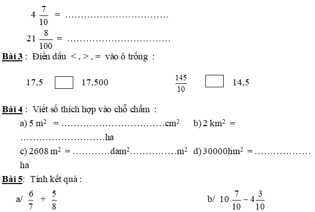 Tuyển tập 60 đề kiểm tra giữa học kì 1 môn Toán lớp 5