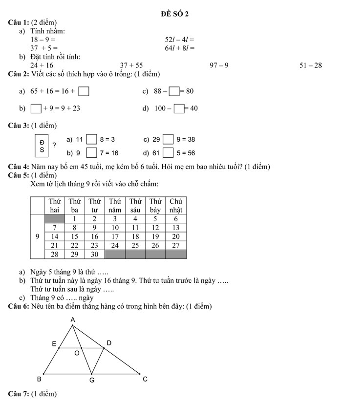 Bộ đề thi học kì 1 môn Toán lớp 2