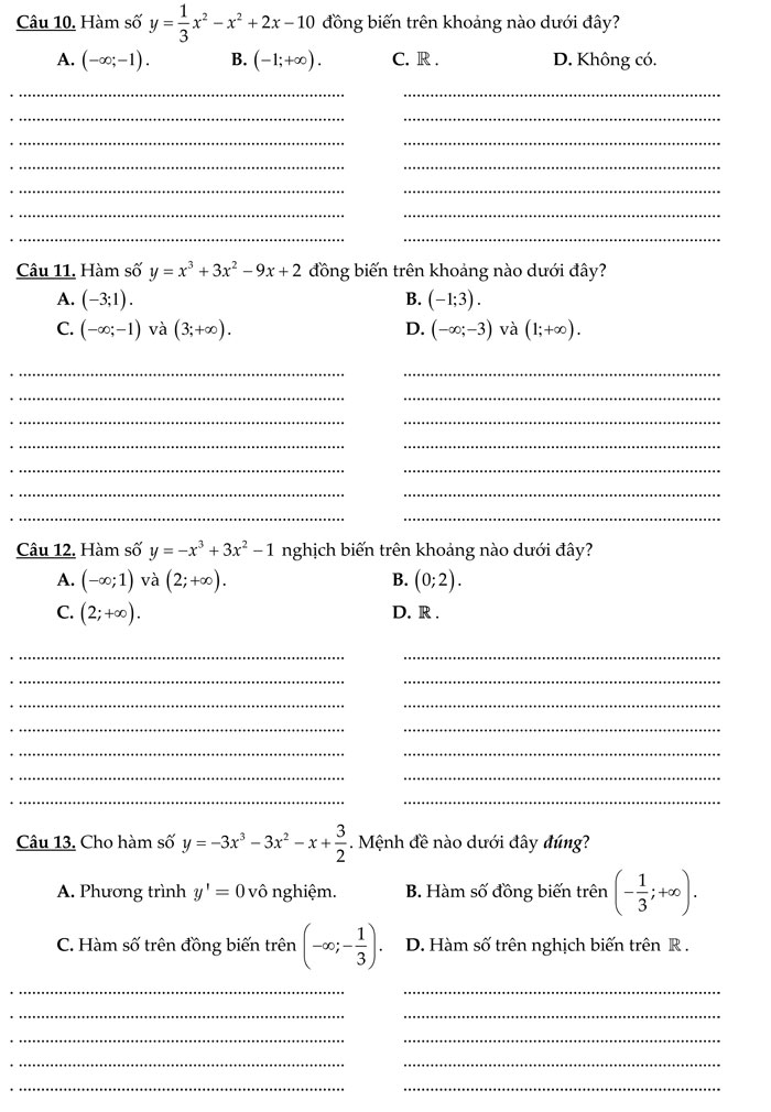 Bài tập trắc nghiệm môn Toán lớp 12