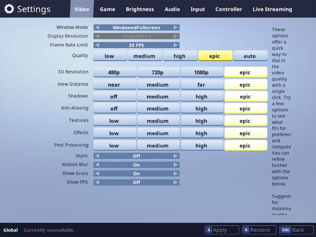 Settings trong Fortnite Battle Royale