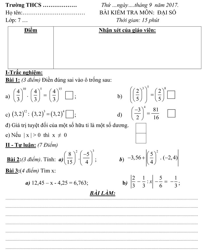 Bộ đề kiểm tra 15 phút môn Đại số lớp 7