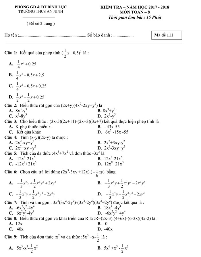 đề kiểm tra 15 phút môn Đại số lớp 8