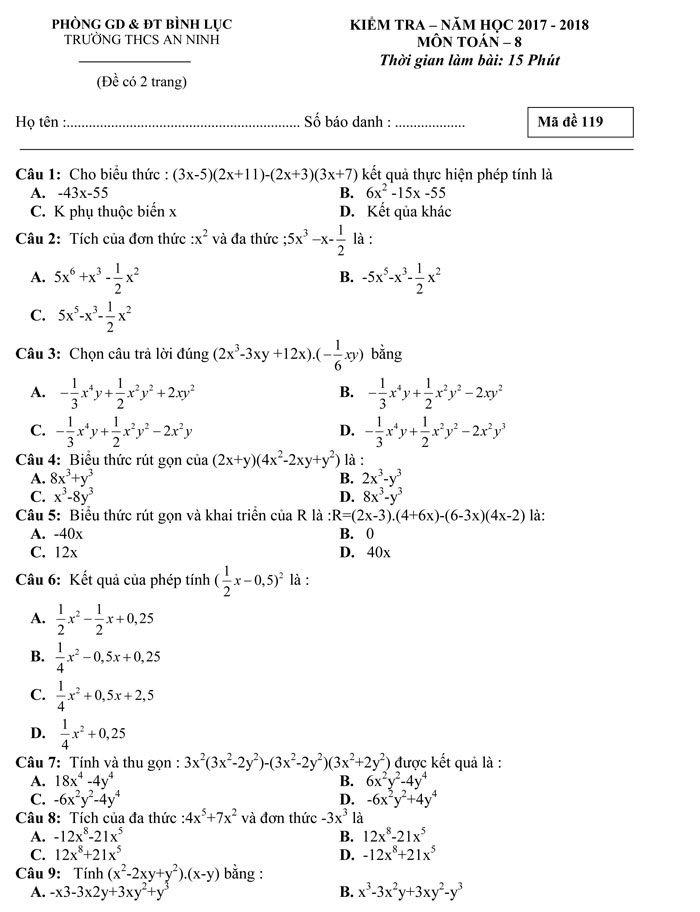 đề kiểm tra 15 phút môn Đại số lớp 8
