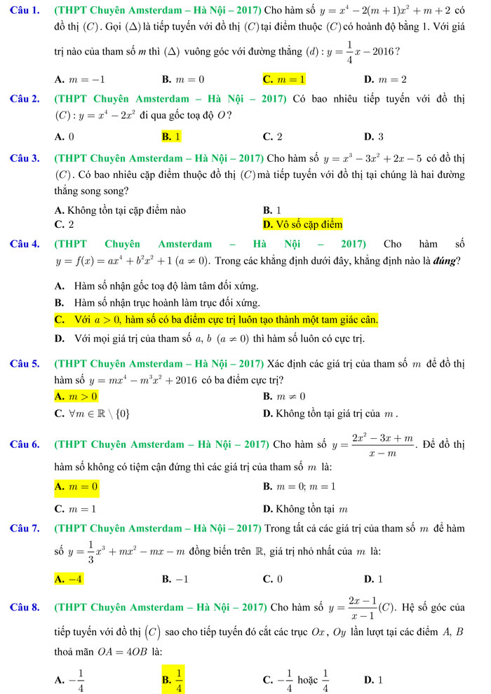 572 câu trắc nghiệm chuyên đề Hàm số nâng cao
