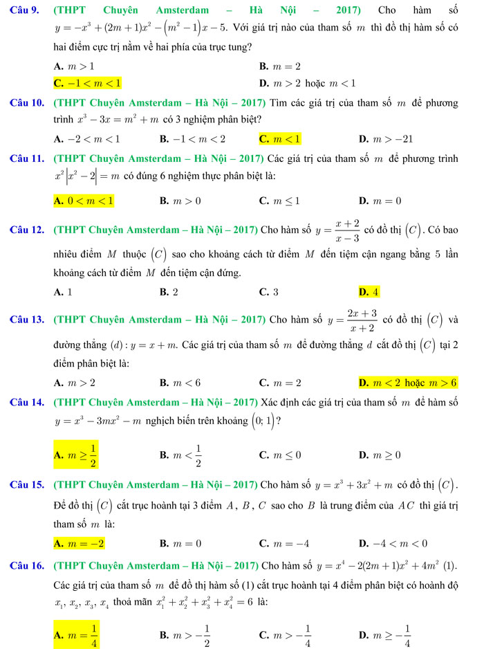 572 câu trắc nghiệm chuyên đề Hàm số nâng cao